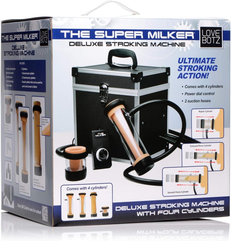Lovebotz Milker machine with its case open showing the cylinders and control unit