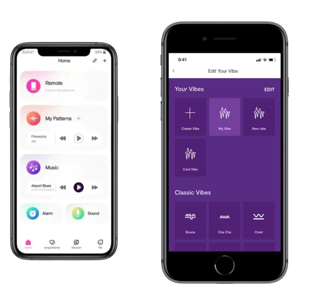 Side-by-side comparison of the Lovense Remote app and We-Connect app interfaces on smartphones