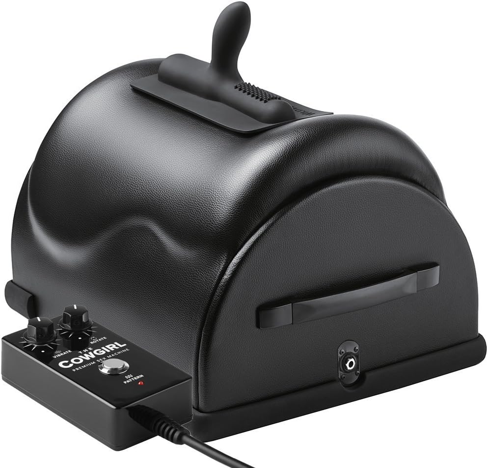 Close-up of the Cowgirl Premium Sex Machine's vegan leather saddle and control interface