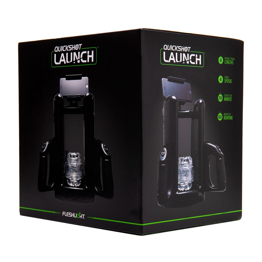 Electric Fleshlight Quickshot Launch with open-ended design and smartphone mount