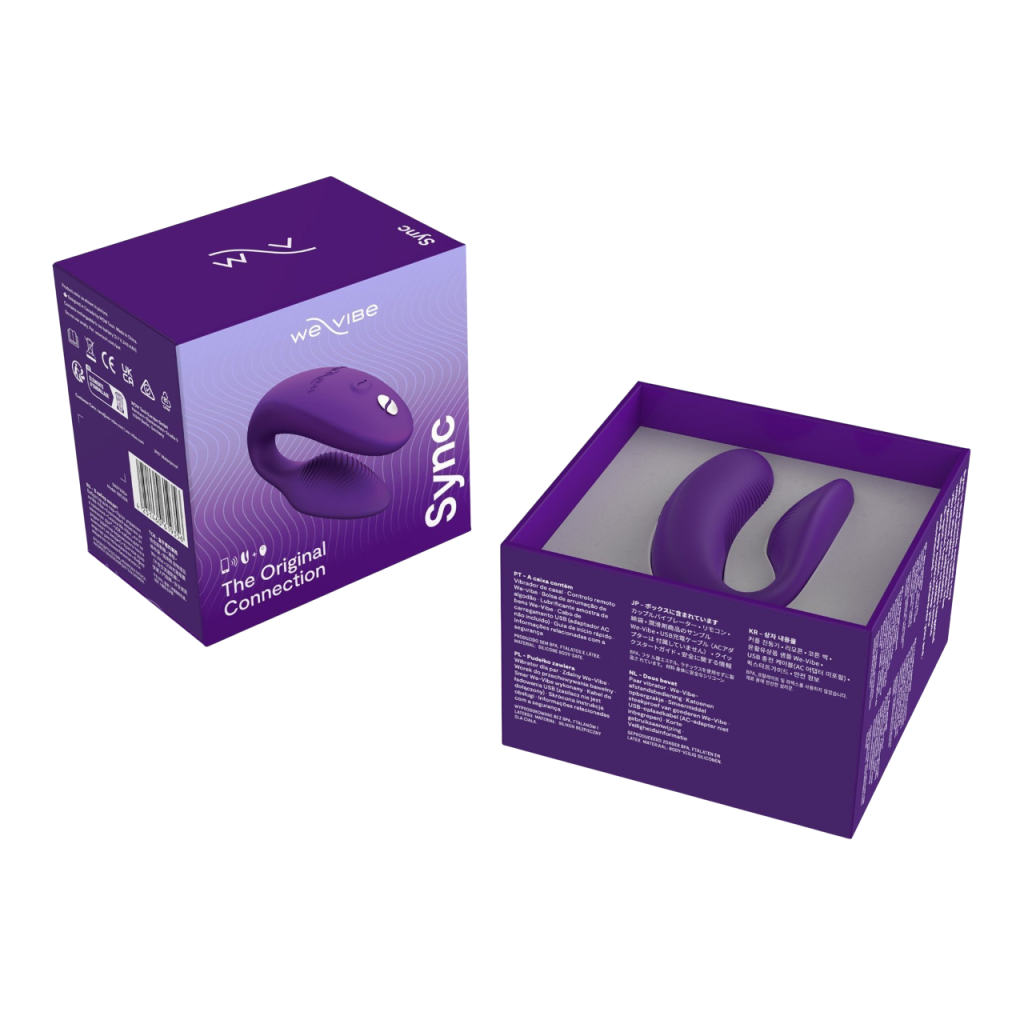 We-Vibe Sync 2 unboxing showing the product box, vibrator, remote, charging cable, and sample lube packet