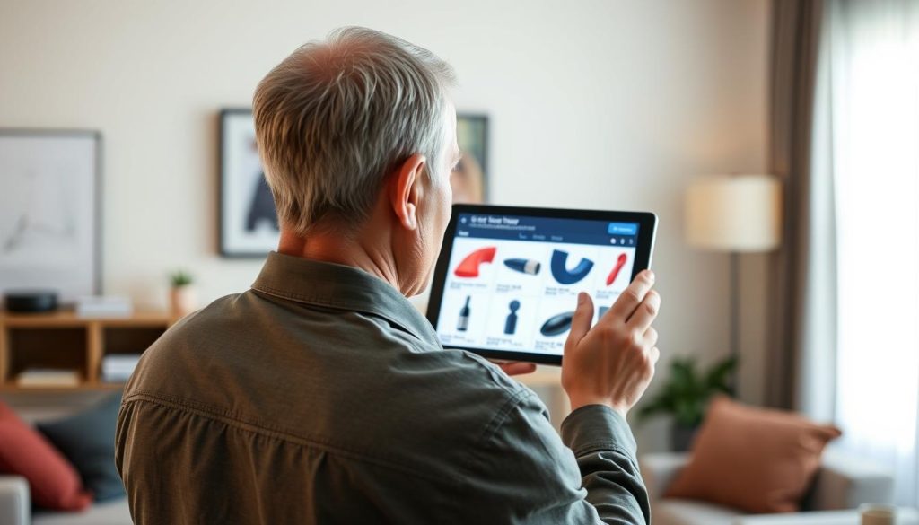 Man looking at sex toys for erectile dysfunction on a tablet