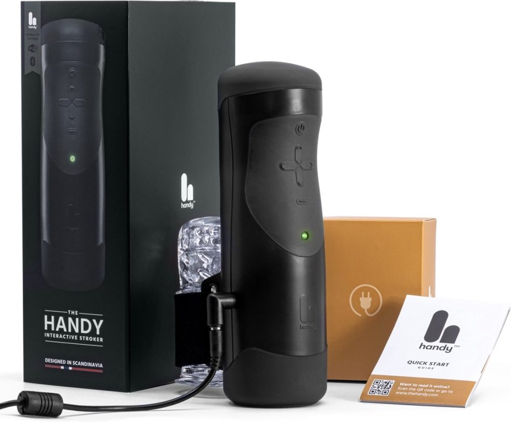 The Handy automated male sex toy showing its mechanical design and controls