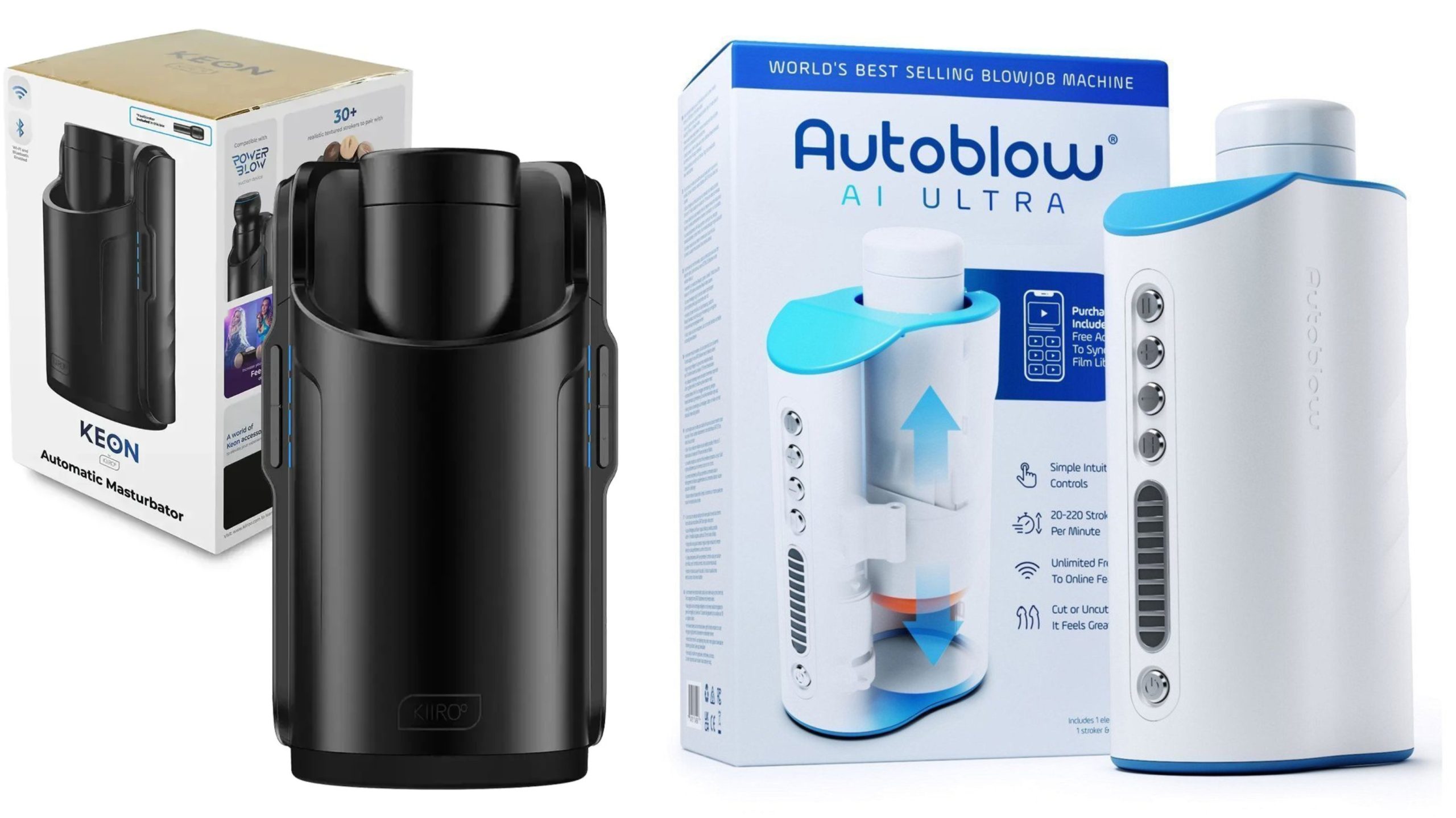 Side by side comparison of Kiiroo Keon and Autoblow Ultra AI devices
